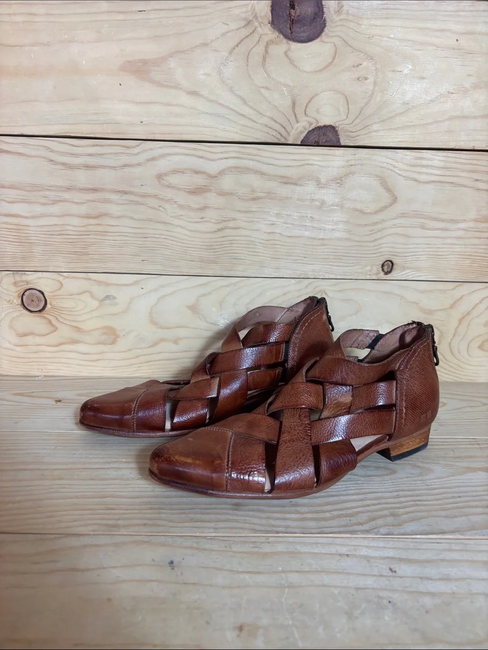 Bed Stu Brittany woven brown leather booties size 7